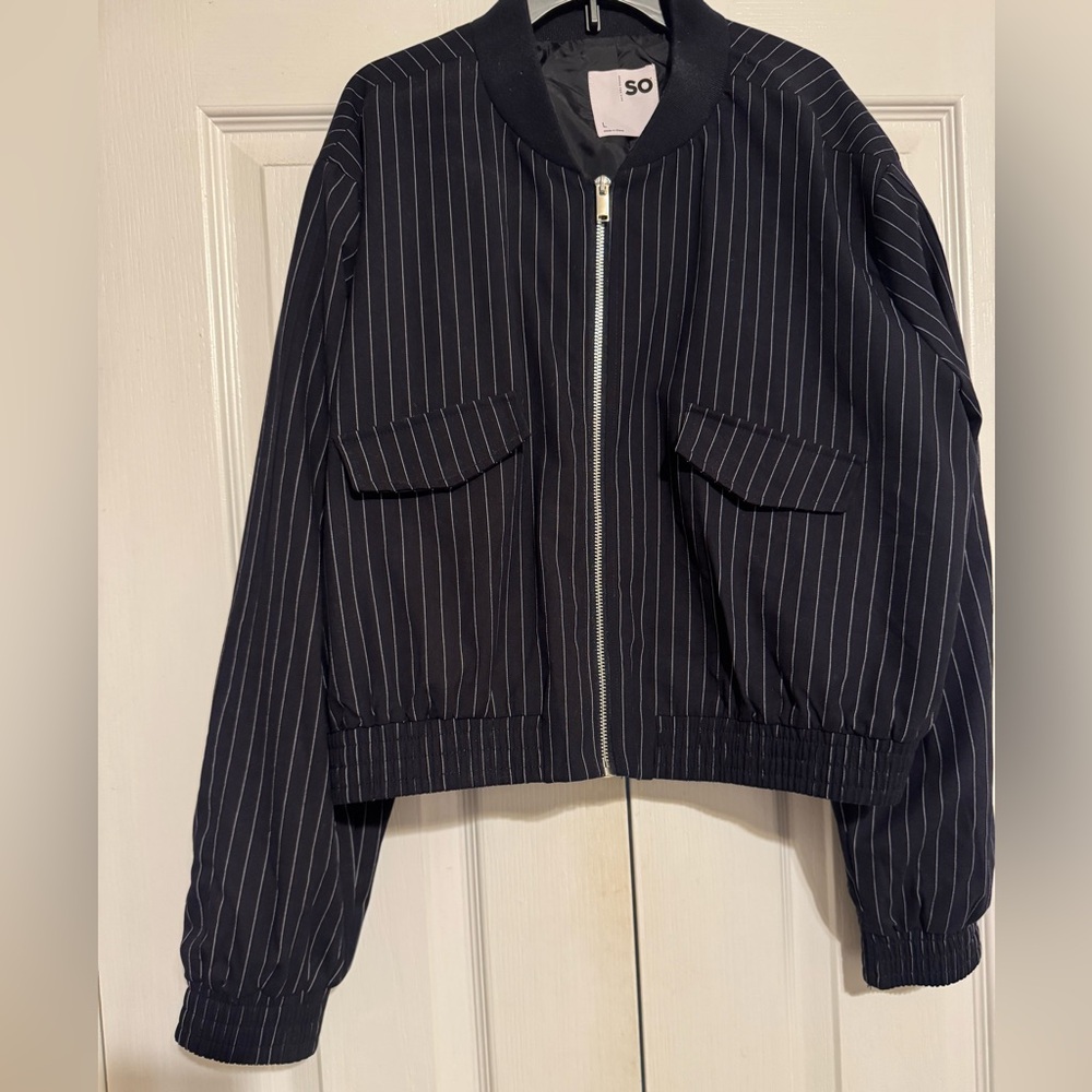 SO L Navy and White Striped Bomber Jacket